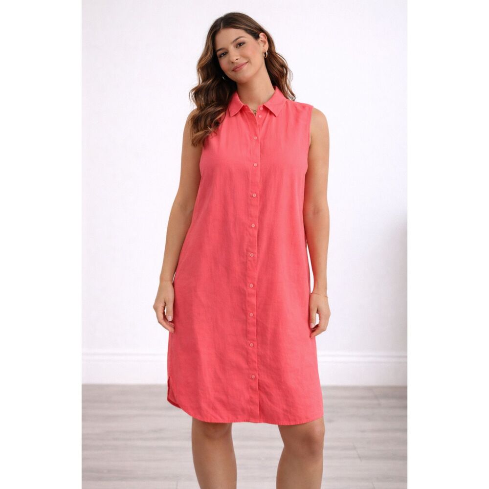 100% Linen Pure Navy Sleeveless Shirt Dress Coral L